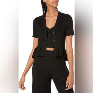 The Drop Black Ribbed Peplum Button Front V-Neck Short Sleeve Cardigan Top L